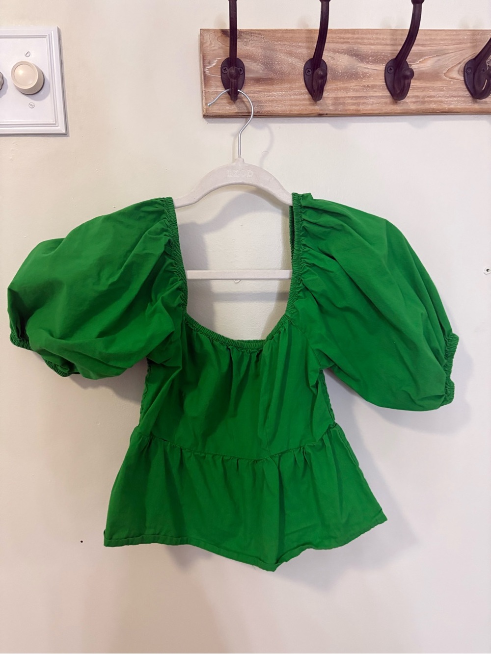 Green Puff-Sleeve Peplum Top